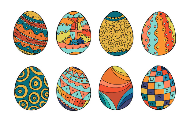Collection of colorful easter eggs in doodle style. Hand drawn - Vektor, Bild