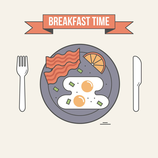 Breakfast time vector illustration. Table setting, plate with fried egg, bacon and lemon, fork and knife. - Vektor, Bild