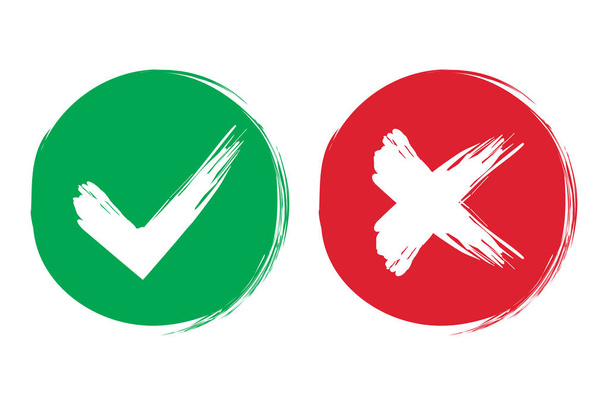 Tick und cross Pinsel Zeichen. Grünes Häkchen OK und rotes X-Symbol, isoliert auf weißem Hintergrund. Einfache Marken Grafik-Design. Symbole JA und NEIN Taste für Abstimmung, Entscheidung, Web. Vektorillustration - Vektor, Bild