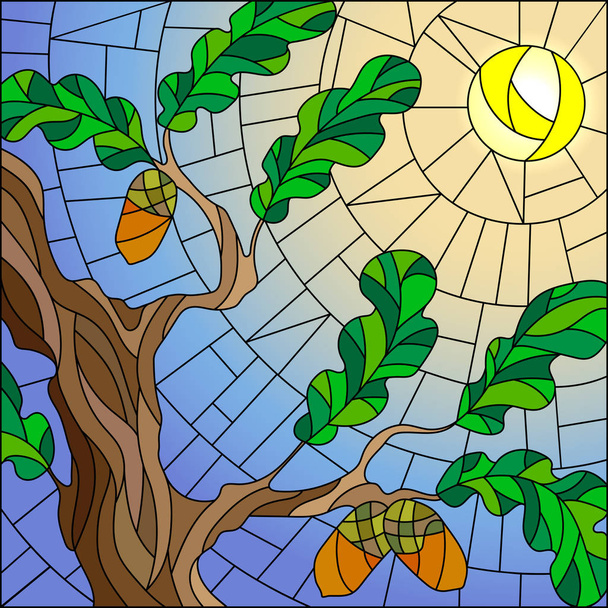 Ilustración en estilo vitral con ramas verdes de roble sobre fondo cielo y sol
 - Vector, Imagen