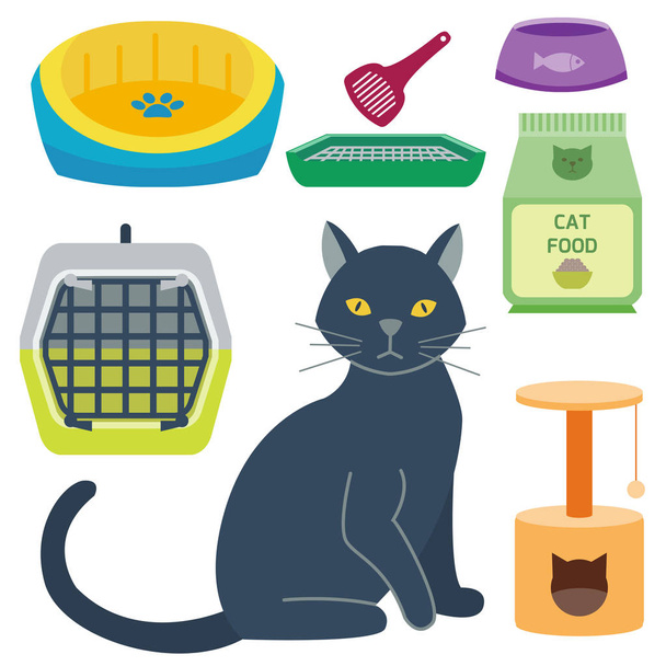 Colorful cat accessory cute vector animal icons pet equipment food domestic feline illustration. - Вектор, зображення