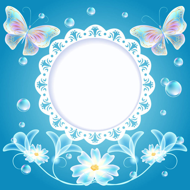 Blue background with butterflies, flowers and openwork frame - Вектор,изображение