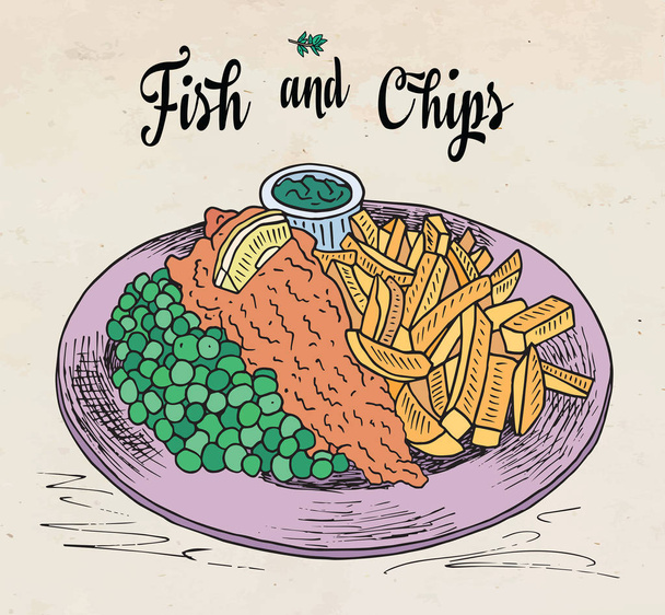 traditional english dish fish and chips. Restaurant menu. - Vector, Image