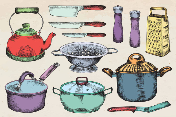  Kitchenware set. Beautiful tableware and kitchen utensils illustration - Vector, Image