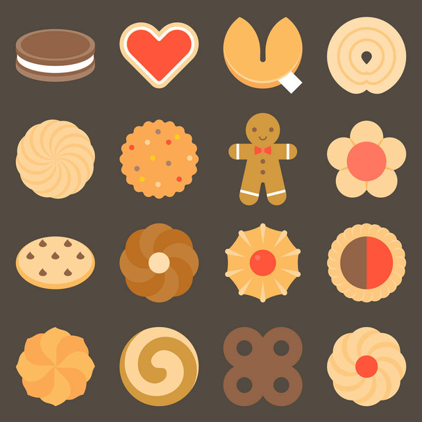 Set of assorted cookies in flat design icon, such as gingerbread,chocolate chip, pinwheel, spiral, heart shape, sandwich and fortune cookies - Vector, Image