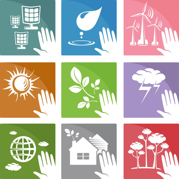Set von Symbolen und Logos der alternativen und sauberen Energiequellen Sonne, Wind und Wasser, Vektorillustration - Vektor, Bild