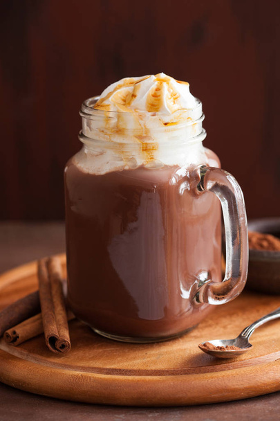 hot chocolate with whipped cream caramel in mason jar - Photo, Image