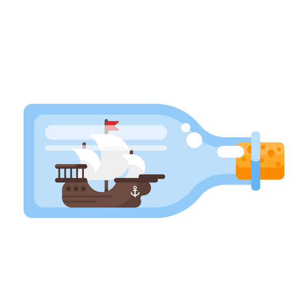 Vector flat style illustration of ship in a glass bottle. - Vetor, Imagem