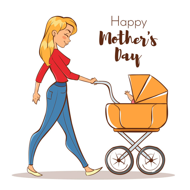 Vector hand drawn colorful illustration of happy mother with a baby  - Vector, Image