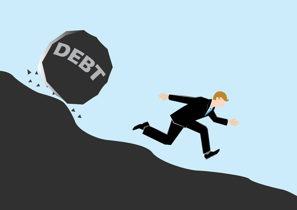 Simple business cartoon illustration of a businessman chased by debt - Vector, Image