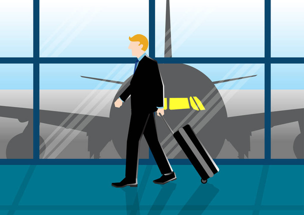 Desenho animado de negócios simples ilustração de um homem de negócios no aeroporto acaba de chegar de sua viagem
 - Vetor, Imagem