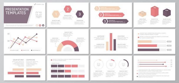 Набір червоних та фіолетових елементів для багатоцільових слайдів шаблонів презентації з графіками та діаграмами. Листівки, корпоративний звіт, маркетинг, реклама, щорічний звіт, дизайн обкладинки книг
. - Вектор, зображення