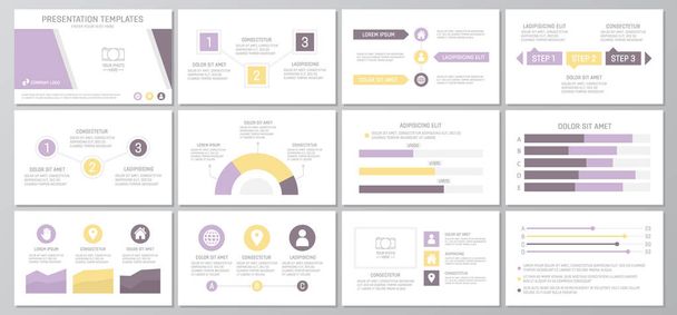 Установите фиолетовые элементы для многоцелевых слайдов шаблонов презентаций с графиками и графиками. Брошюра, корпоративный отчет, маркетинг, реклама, годовой отчет, дизайн обложки книги
. - Вектор,изображение