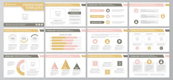 Set of yellow and brown elements for multipurpose presentation template slides with graphs and charts. Leaflet, corporate report, marketing, advertising, annual report, book cover design. - Vector, Image
