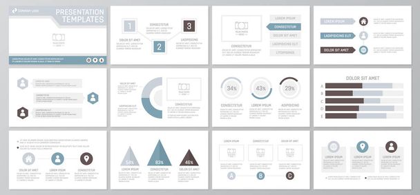 Σετ από γκρι και μπλε στοιχεία για παρουσίαση πολλαπλών χρήσεων πρότυπο διαφάνειες με γραφικά και γραφήματα. Φυλλάδιο, εταιρική έκθεση, marketing, διαφήμιση, ετήσια έκθεση, βιβλίο σχέδιο του εξωφύλλου. - Διάνυσμα, εικόνα