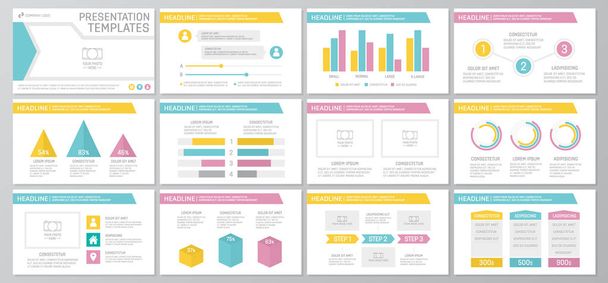 Набір кольорових елементів для багатоцільових слайдів шаблонів презентації з графіками та діаграмами. Листівки, корпоративний звіт, маркетинг, реклама, щорічний звіт, дизайн обкладинки книг
. - Вектор, зображення