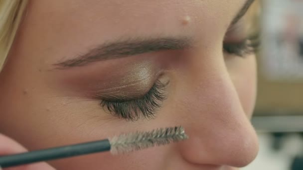 Professional make-up artist combing eyelashes of model - Кадры, видео