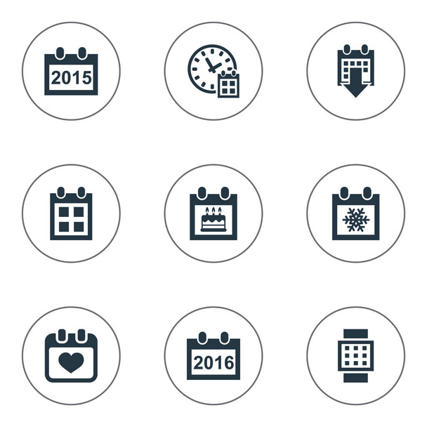 Векторный набор Simple Date Icons. Календарь слонов на 2016 год, Снежинка, Рембрандт и другие синонимы Снежинка, Время и Часы
. - Вектор,изображение