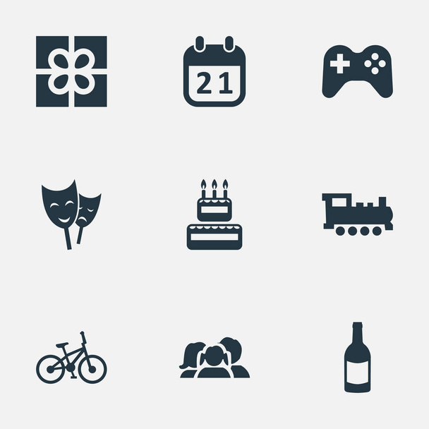 Vektoros illusztráció csoportja ikonok egyszerű ünnepe. Elemek cukrászda, kerékpár, doboz és más szinonimák mozdony, játék és a színház. - Vektor, kép