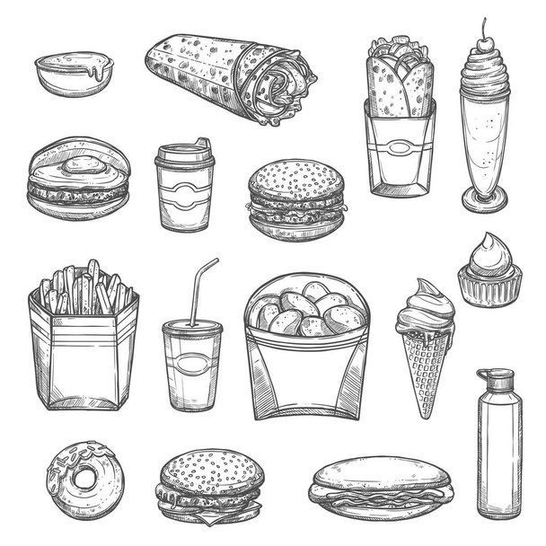 Vector sketch isolated fast food icons - Vecteur, image