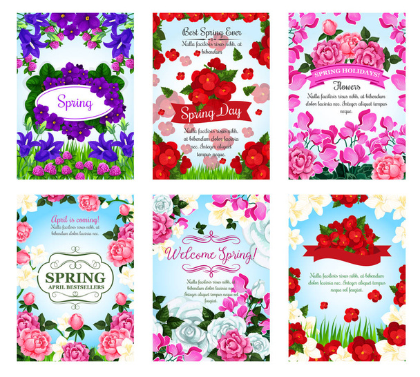 Springtime greeting cards spring flowers bouquets - Vector, Image