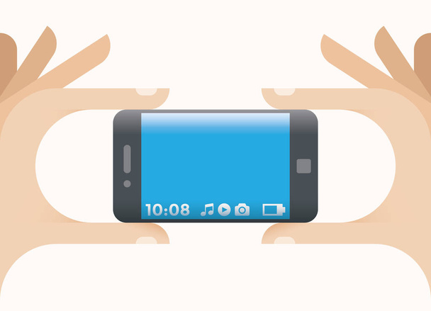 Manos humanas sosteniendo el teléfono móvil con borde de pantalla curva y menú lateral con tiempo, batería y música, video, iconos de la cámara. Idea - Nuevas tecnologías móviles para la interfaz de usuario
. - Vector, Imagen