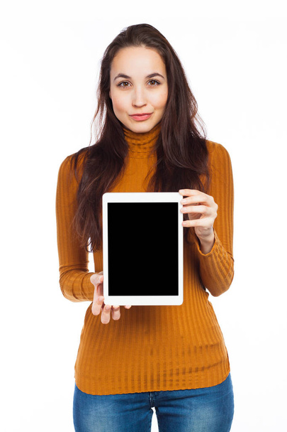 Beautiful woman and digital tablet - Photo, image