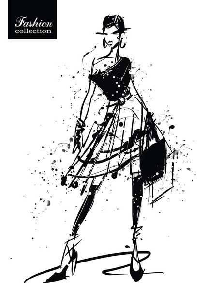 Fashion girl in sketch-style. Retro poster. - Vector, Image