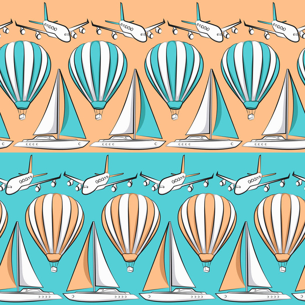 Vector seamless pattern with boat, airplane and air balloon - Vector, Image