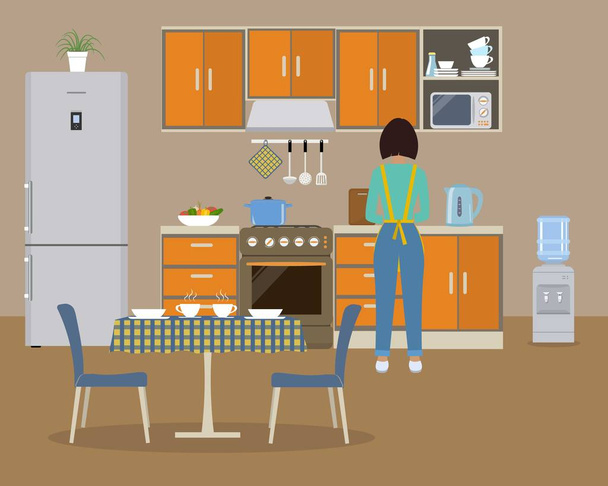 Kitchen in an orange color. There is a woman at the stove preparing food - Vector, Image