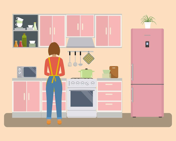 Кухня рожевого кольору. Поруч з плитою жінка готує їжу
 - Вектор, зображення