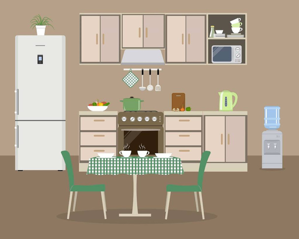 Kitchen in a beige color. There is a kitchen furniture, a refrigerator, a stove, a water cooler, a table, two green chairs and other objects in the picture - Vector, Image