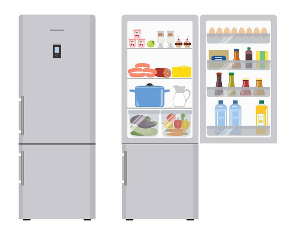 Réfrigérateur avec portes ouvertes, un plein de nourriture
 - Vecteur, image