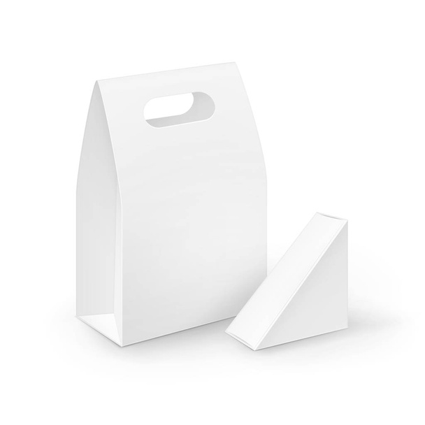 Conjunto de vectores de triángulo rectángulo de cartón blanco para llevar manejar cajas de almuerzo Embalaje para sándwich, comida, regalo, otros productos Mock up Close up Aislado sobre fondo blanco
 - Vector, imagen