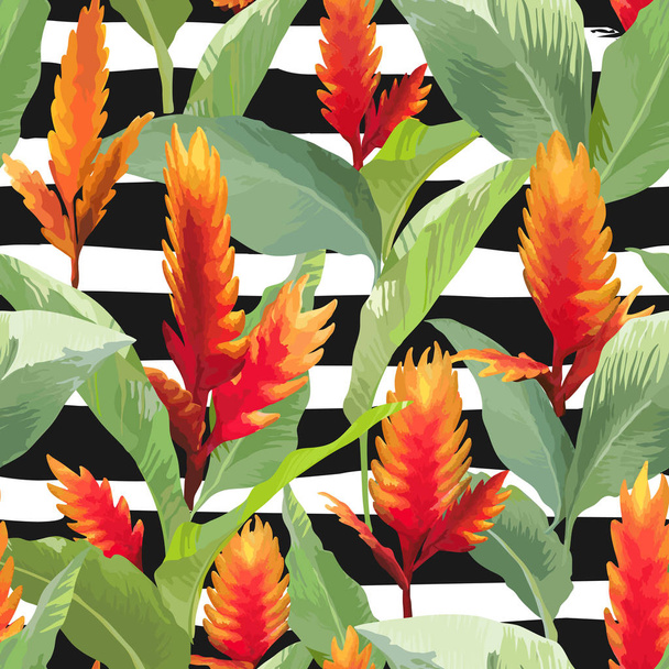 Tropical Leaves and Flowers Background. Seamless Pattern in Vector - Vector, Image