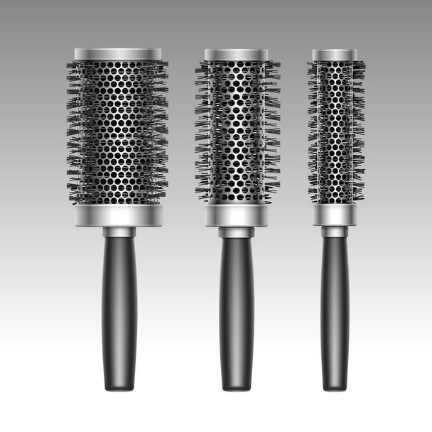 Vektor-Set aus verschiedenen schwarzen Metall-Kunststoff hot curling radiale Haarbürste Kamm Seitenansicht isoliert auf dem Hintergrund - Vektor, Bild