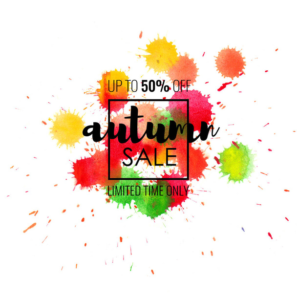 Summer Sale up to 50 percent off. Seasonal discounts. Abstract colorful watercolor banner with hand drawn lettering. - Фото, изображение