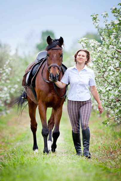 Nő és bay horse apple kertben. Ló és szabadtéri séta a gyönyörű hölgy. Lovas. - Fotó, kép
