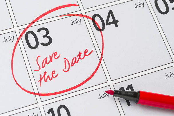 Save the Date γραμμένο σε ημερολόγιο - 3 Ιουλίου - Φωτογραφία, εικόνα