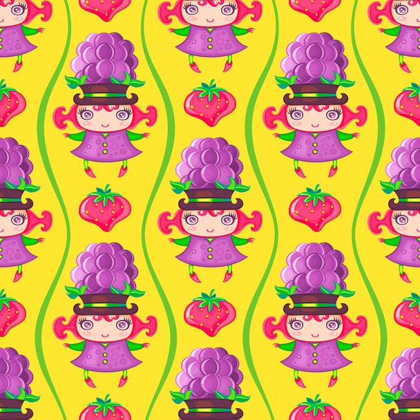 Naadloze kleurrijke patroon met Blackberry fruit meisje. Vector achtergrond - Vector, afbeelding