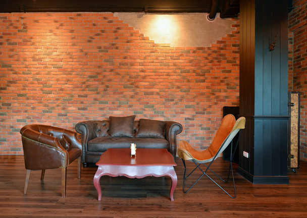 Retro sofas in living room with decoration in apartment, loft st - Photo, Image
