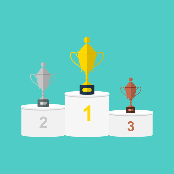 Vector winners white round podium with gold, silver and bronze trophy cups or prizes. - Vector, Image