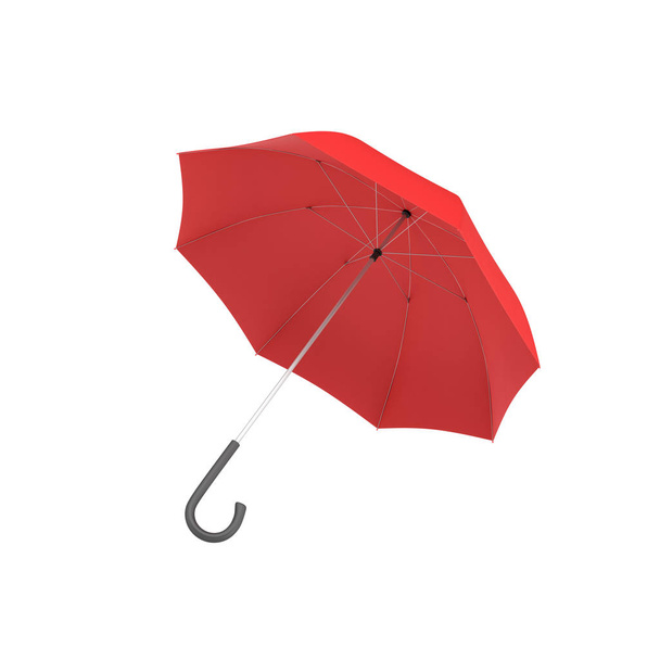 3d rendering of an open red umbrella with a black curved handle isolated on white background. - Photo, image
