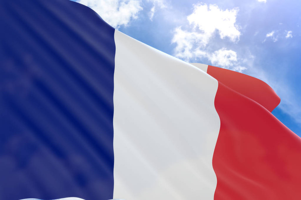 3D visszaadás-ból Franciaország zászló integet a kék ég háttér - Fotó, kép
