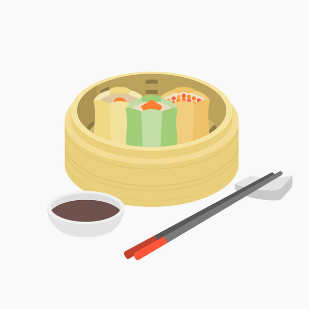 Dim sum, Chinese pork and prawn steamed dumping in basket with chopstick and black vinegar sauce, flat design - Vector, Image