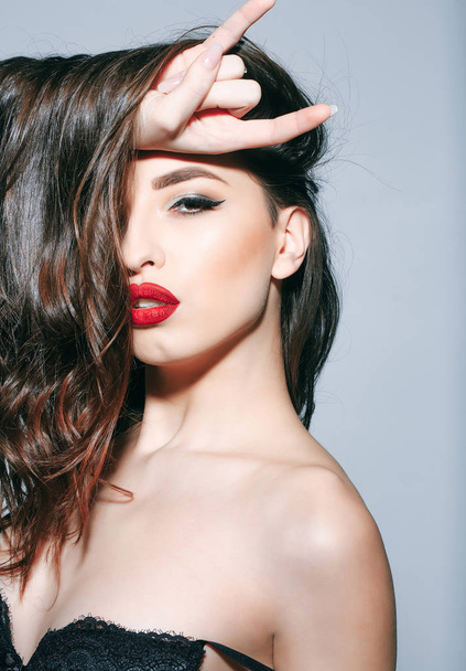 sexy woman with red lips, long brunette hair - Foto, imagen
