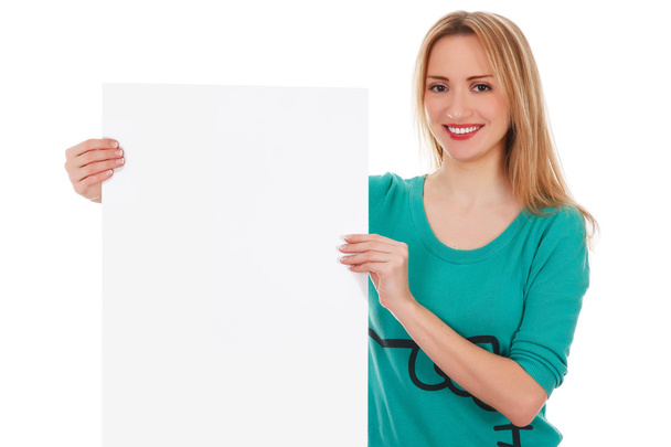 žena s prázdnou bílou tabuli na bílém pozadí - Fotografie, Obrázek