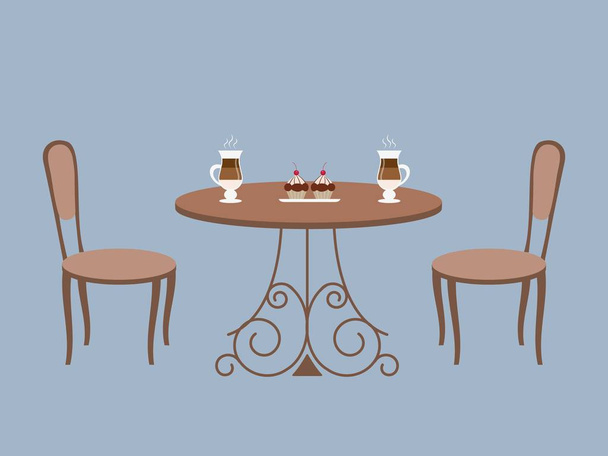 Konferenční stolek a dvě židle na modrém pozadí. Existují také šálky kávy a koláče v obrázku - Vektor, obrázek