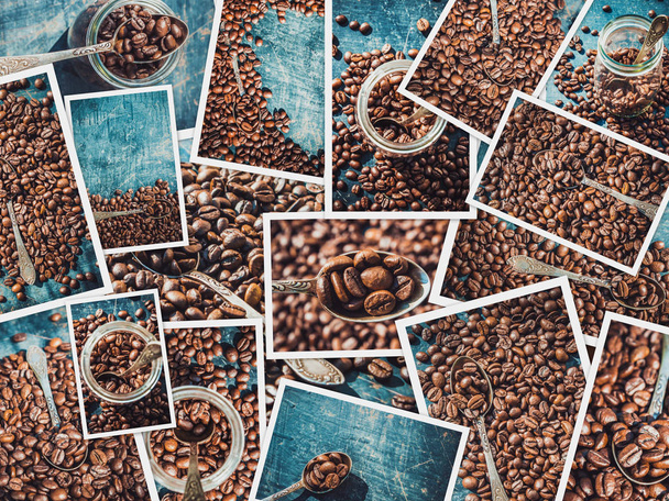 Collage von Kaffee. Eine Menge Bilder. Selektiver Fokus. - Foto, Bild
