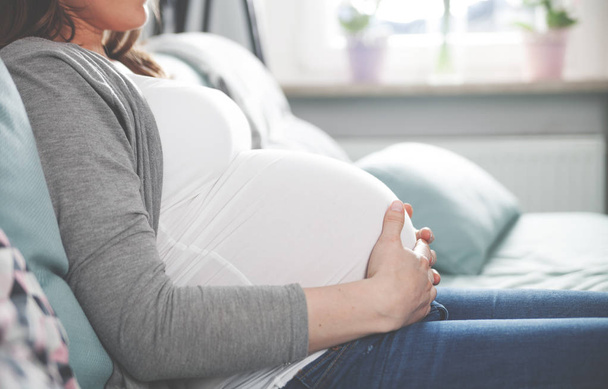 Pregnant woman sitting on sofa at home close up of belly - Valokuva, kuva